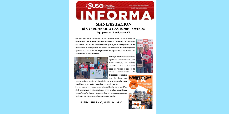 Equiparación Retributiva ¡YA! La Concertada de Asturias se manifestará el 27 de abril