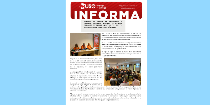 La Enseñanza Concertada de Asturias vuelve a reclamar la equiparación retributiva